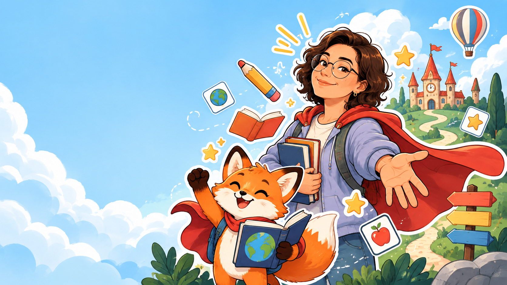 English teacher and Foxy invite children on an English adventure